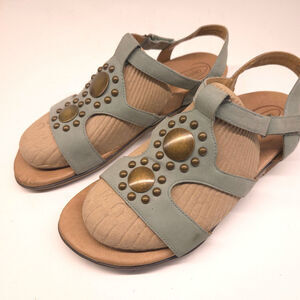 Aetrex Sage Green Leather T-Strap Flat Sandal, Sunburst Dark Brass Trim-Size 8.5